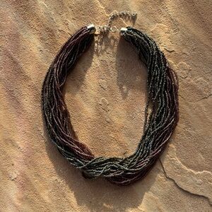 Iridescent Black & Purple Multi-Strand Seed Bead Necklace – Adjustable 18–21”